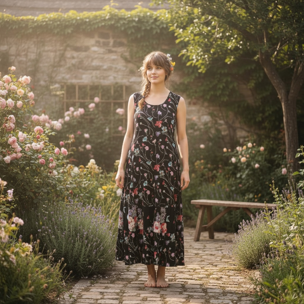 VTG Victoria Holly Maxi Floral Dress PL Crinkle Sheer Boho Cottagecore Y2K 90s
